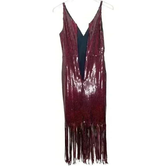 DRESS the Population NWT Frankie Sequin Fringe Midi Dress Size XS Red Black. - Picture 5 of 11